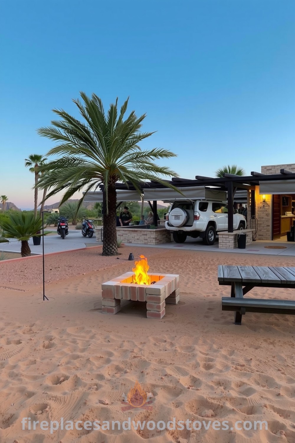 Cozy oasis barbecue in a serene desert landscape featuring a sandstone barbecue, warm flames, wooden benches, and swaying palm trees under an open sky, offering unique ideas for outdoor gatherings and inspiring decor ideas for a cozy home ambiance, visit fireplacesandwoodstoves.com.