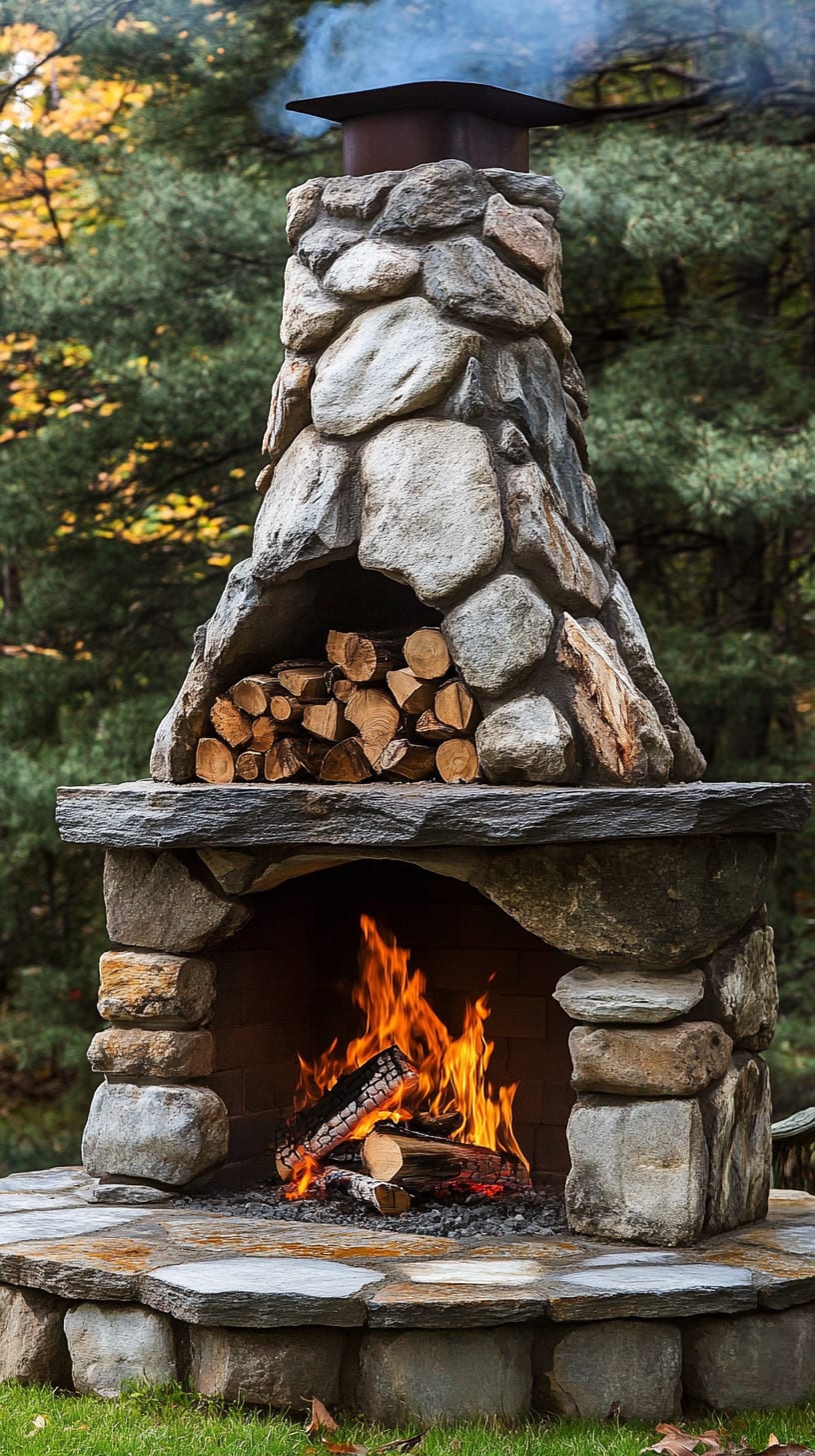 A natural stone outdoor fireplace with burning firewood, surrounded by trees and grass in a New England forest, creating a warm and inviting atmosphere.
