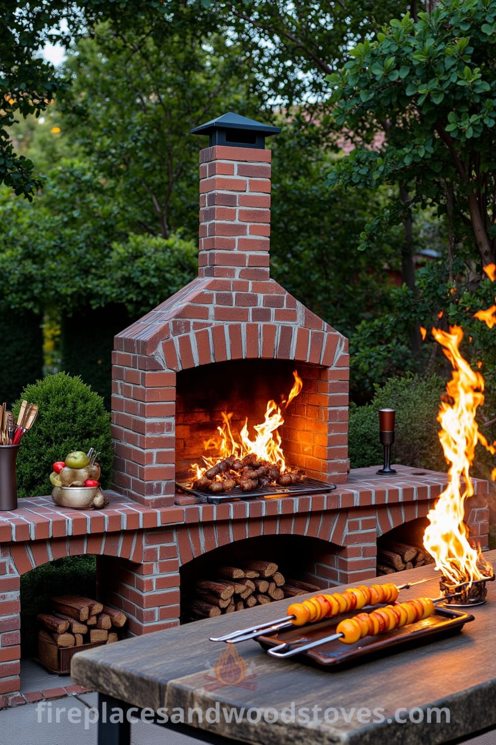Traditional brick outdoor barbecue with flames, surrounded by lush greenery, rustic wooden table with grilling tools and skewers, creating a cozy summer gathering space, perfect for ideas for your home, from fireplacesandwoodstoves.com.