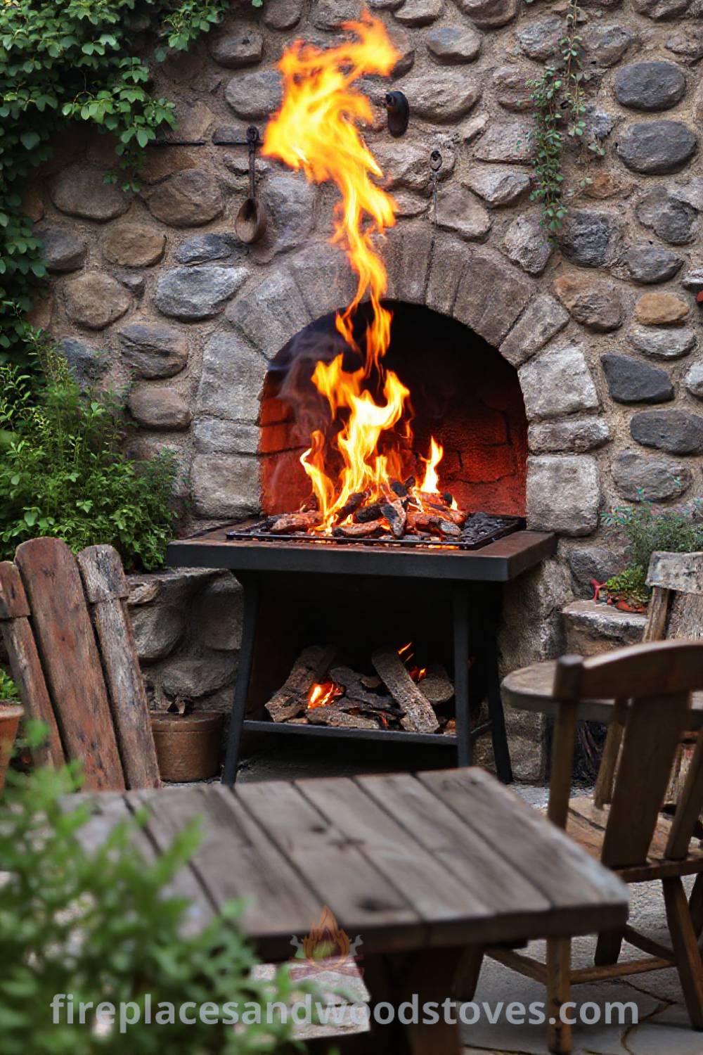 Rustic fireplace BBQ setup on a stone patio surrounded by lush greenery, with hanging kitchen utensils and a weathered wooden table inviting gatherings, providing stylish outdoor entertaining ideas for your backyard. Visit patioandhomefurniture.com for inspiration on incredible outdoor designs.