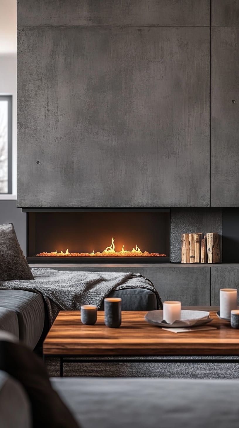 A modern living room featuring a gray concrete wall, elegant gas fireplace, stylish sofa, and a wooden coffee table adorned with candles, creating a warm and inviting atmosphere.