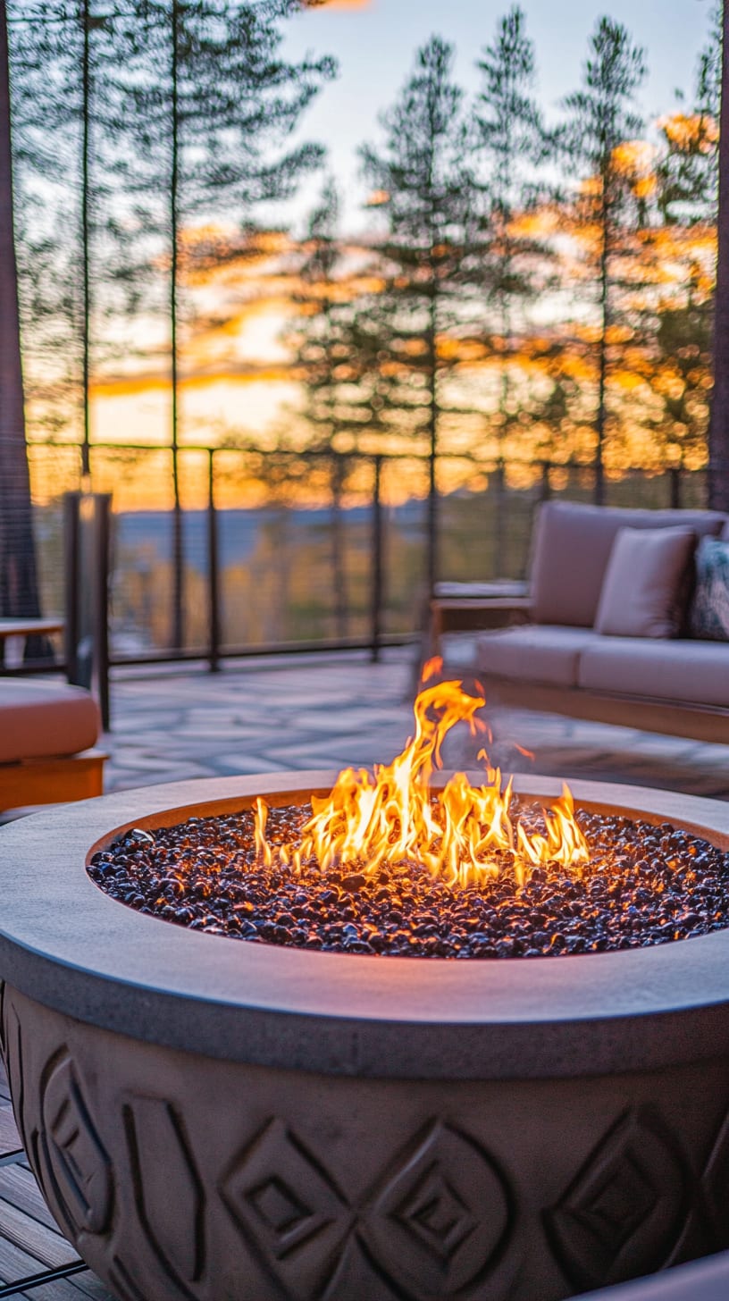 A luxurious outdoor living area featuring a stylish fire pit surrounded by modern seating, with a scenic view of Lake Tahoe at sunset.