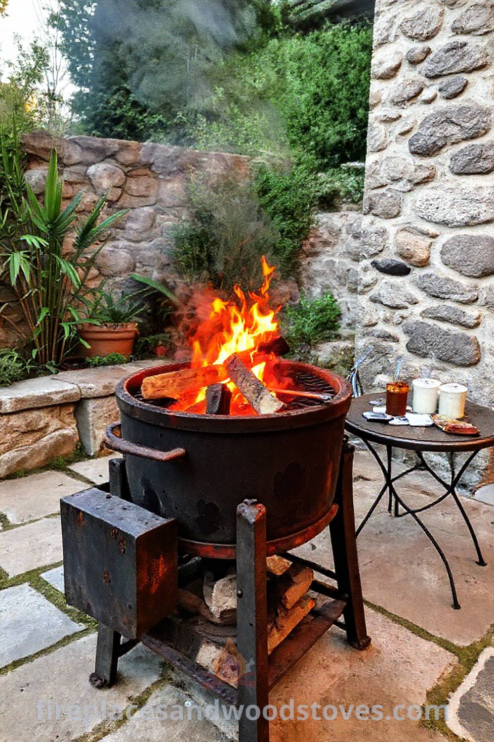 Old wood-fired barbecue on a stone patio surrounded by plants and textured walls, creating a cozy and inviting outdoor gathering space perfect for grill-focused meals with friends and family. Visit patioandhomefurniture.com for stylish ideas that will wow your guests.