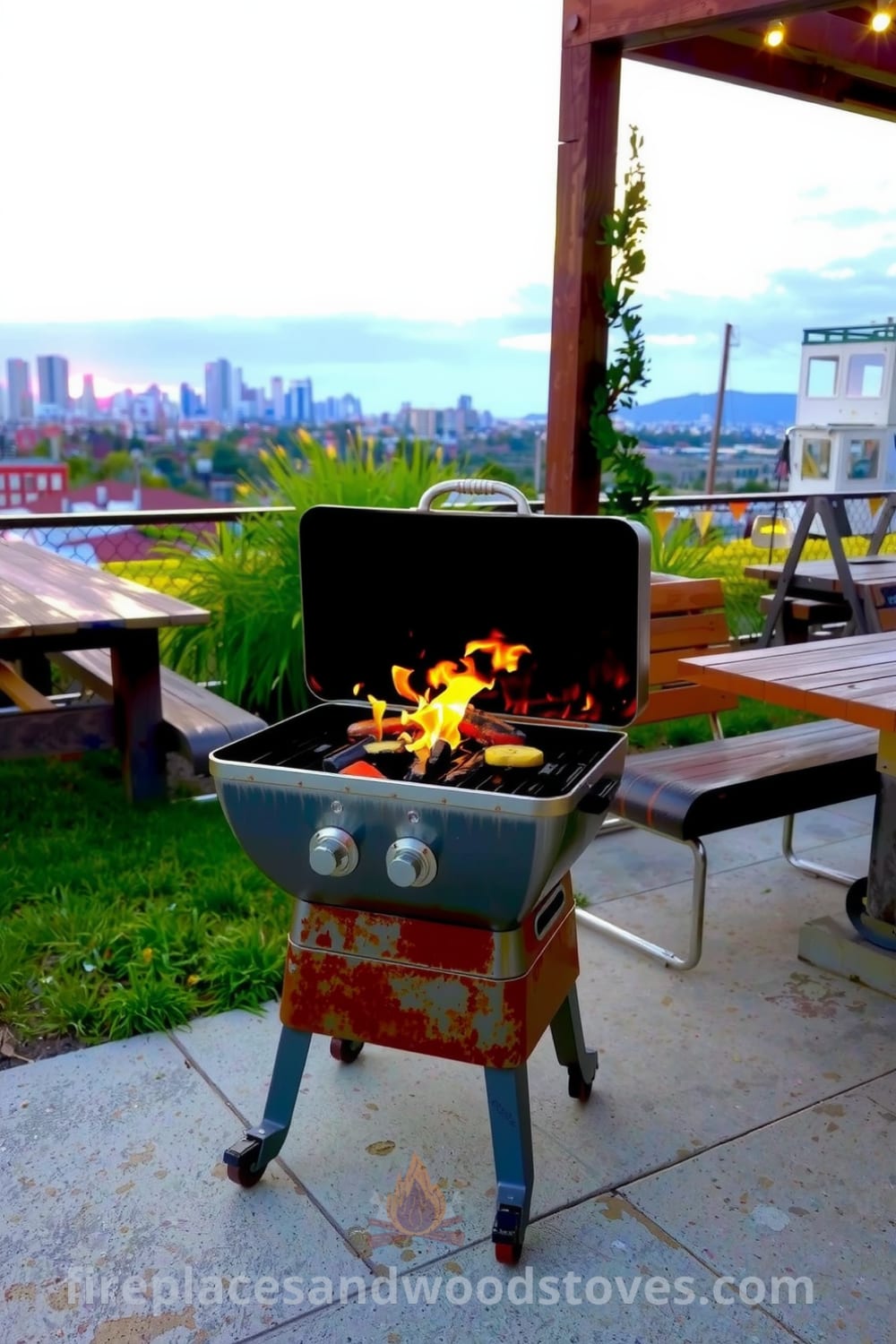 Industrial steel outdoor barbecue on a weathered concrete patio with flames, surrounded by mismatched picnic tables and chairs, grilling vegetables, set against a backdrop of an urban skyline, creating a cozy atmosphere for outdoor gatherings. Visit fireplacesandwoodstoves.com for unique ideas and inspirations.