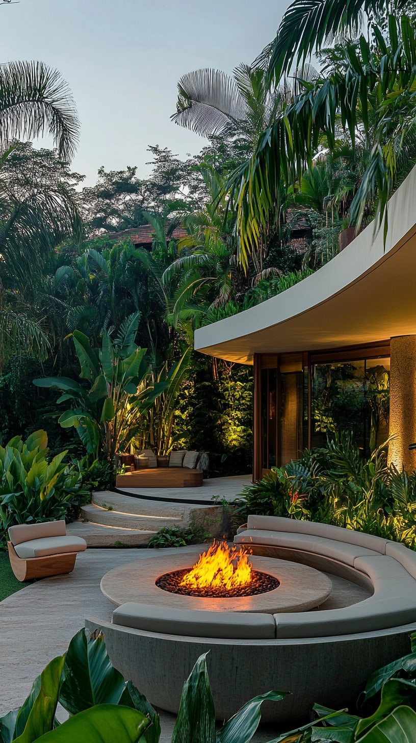 A modern fire pit encircled by vibrant tropical plants and comfortable seating, with a contemporary house in the background featuring large windows and a curved roof.