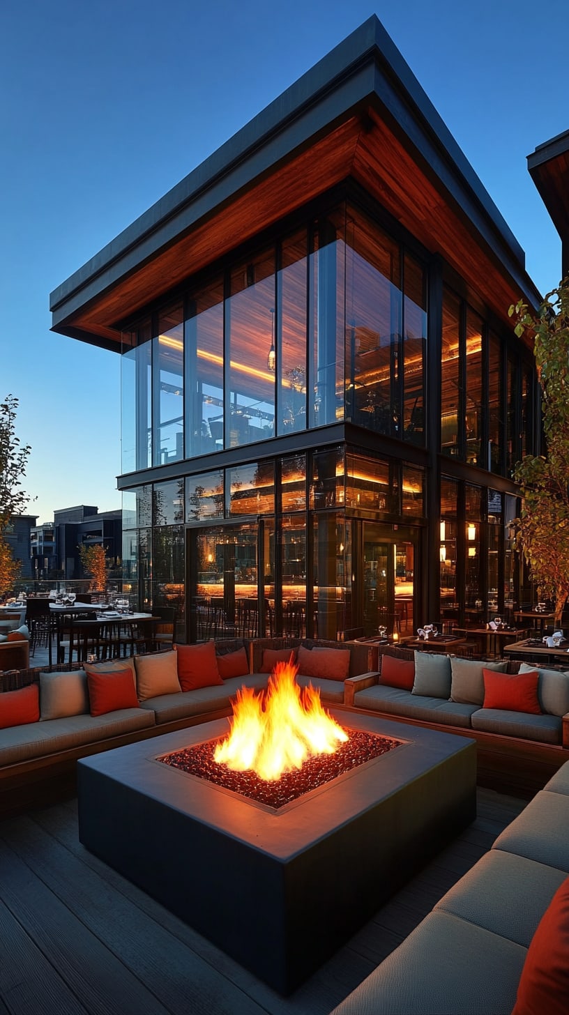 A stylish rooftop bar featuring an oversized fire pit, comfortable seating, and large glass windows overlooking ski slopes, creating a cozy atmosphere for socializing.