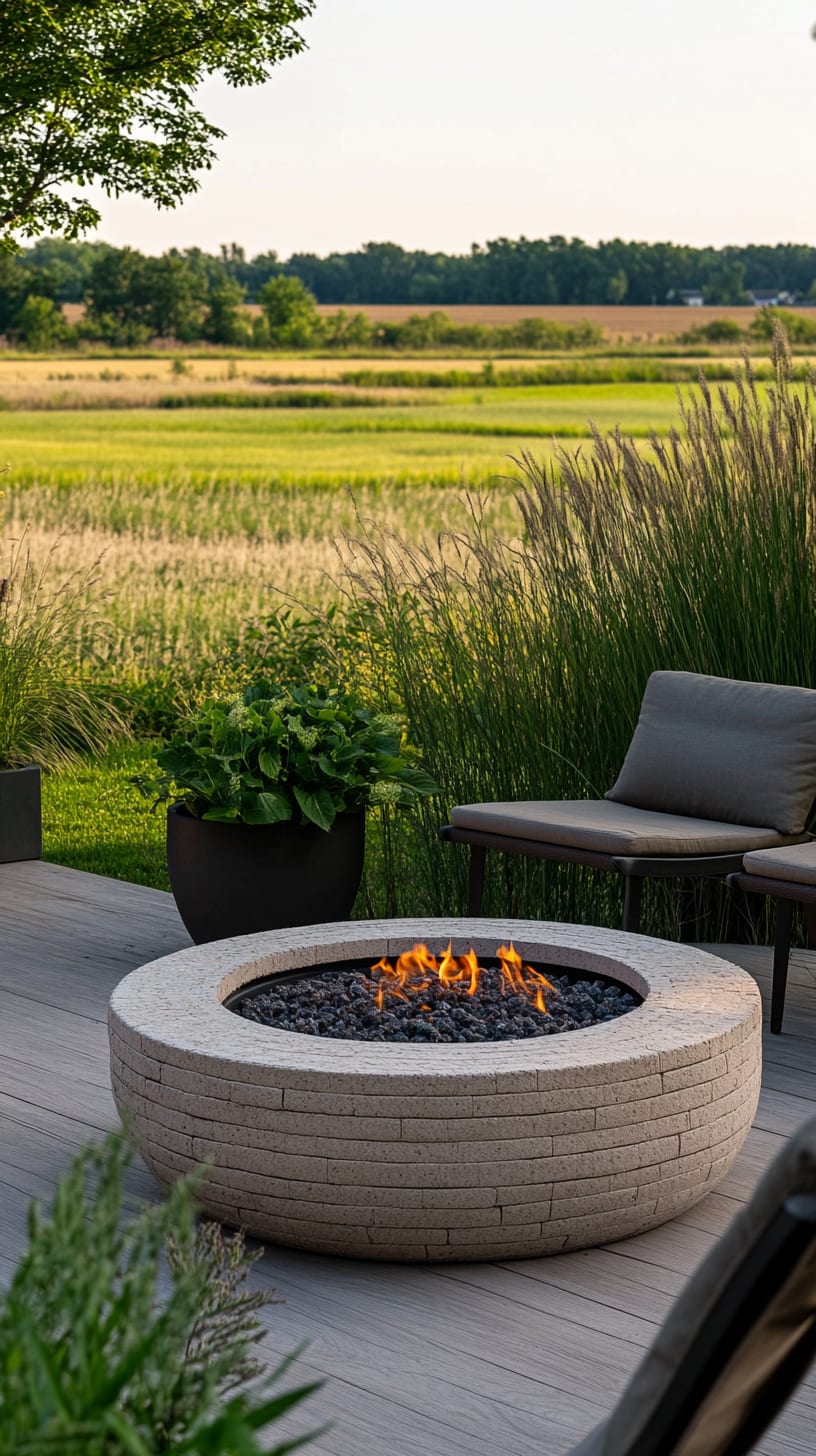 An outdoor fire pit on a modern farmhouse deck, surrounded by tall grasses and greenery, featuring gray cushions and a black pot with plants nearby.