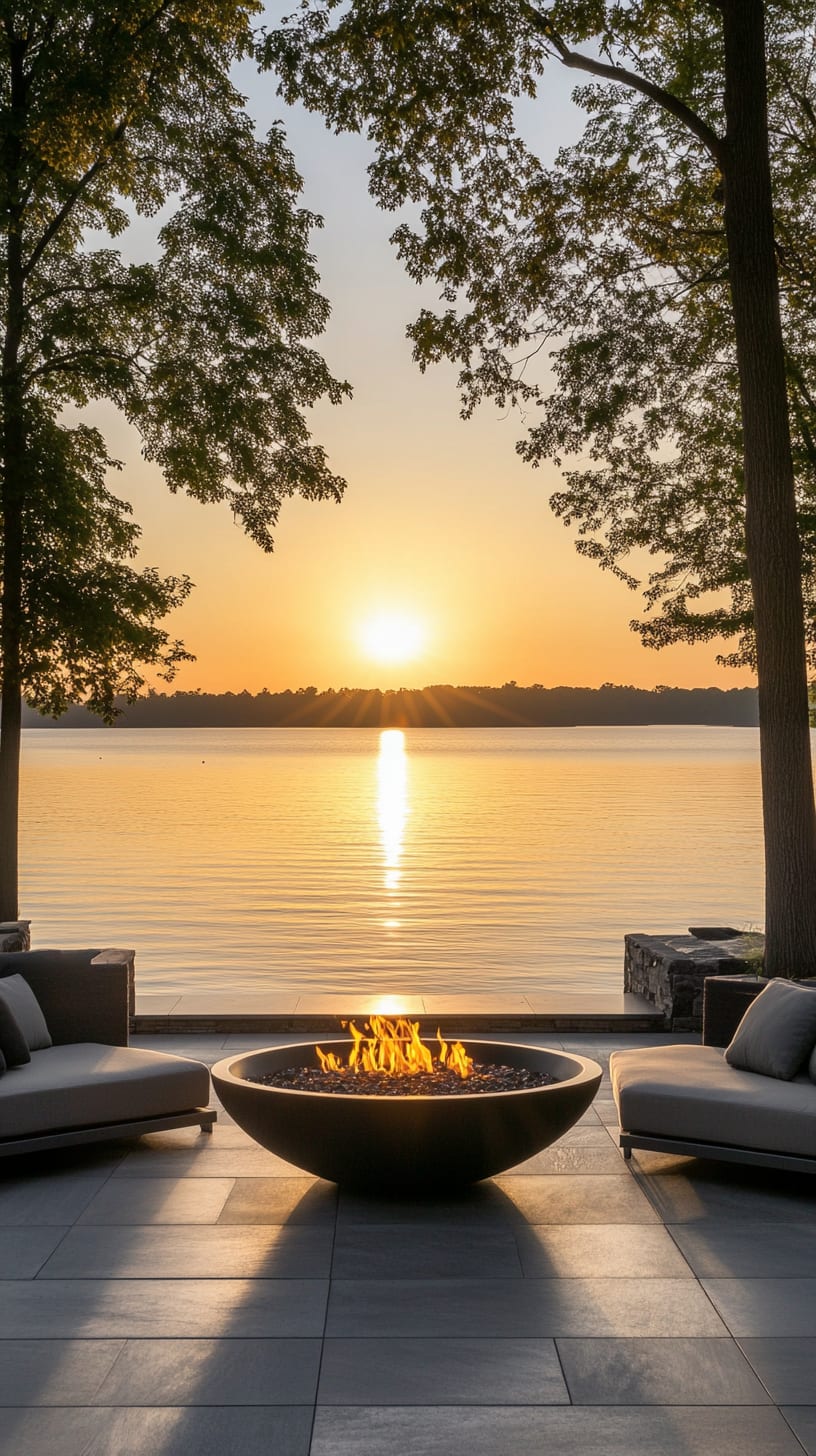 A modern outdoor fire pit on a luxurious patio overlooking a serene lake at sunset, surrounded by trees and contemporary seating.
