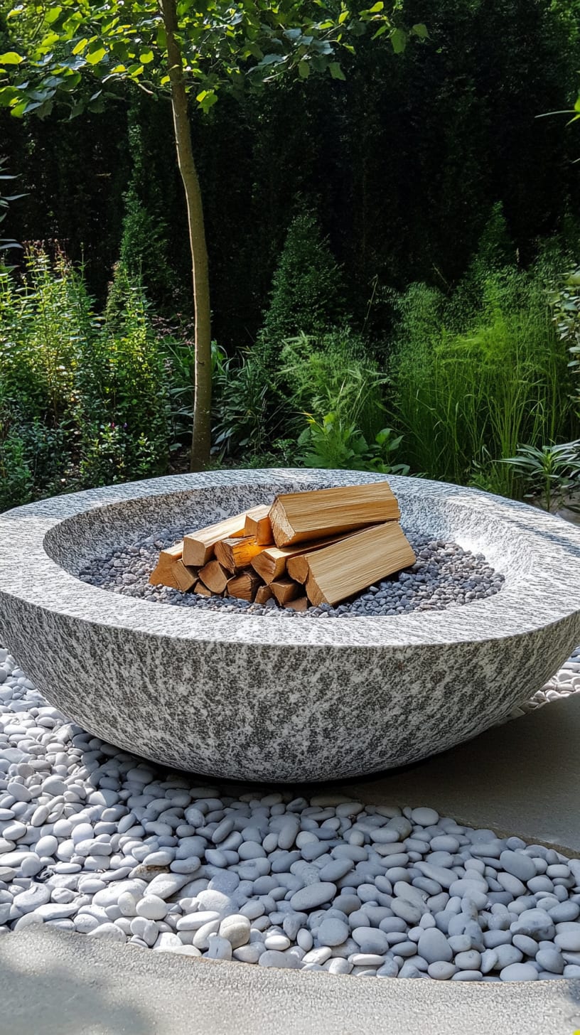 A large round granite fire bowl filled with wood, surrounded by white pebbles and lush greenery in a serene garden setting.