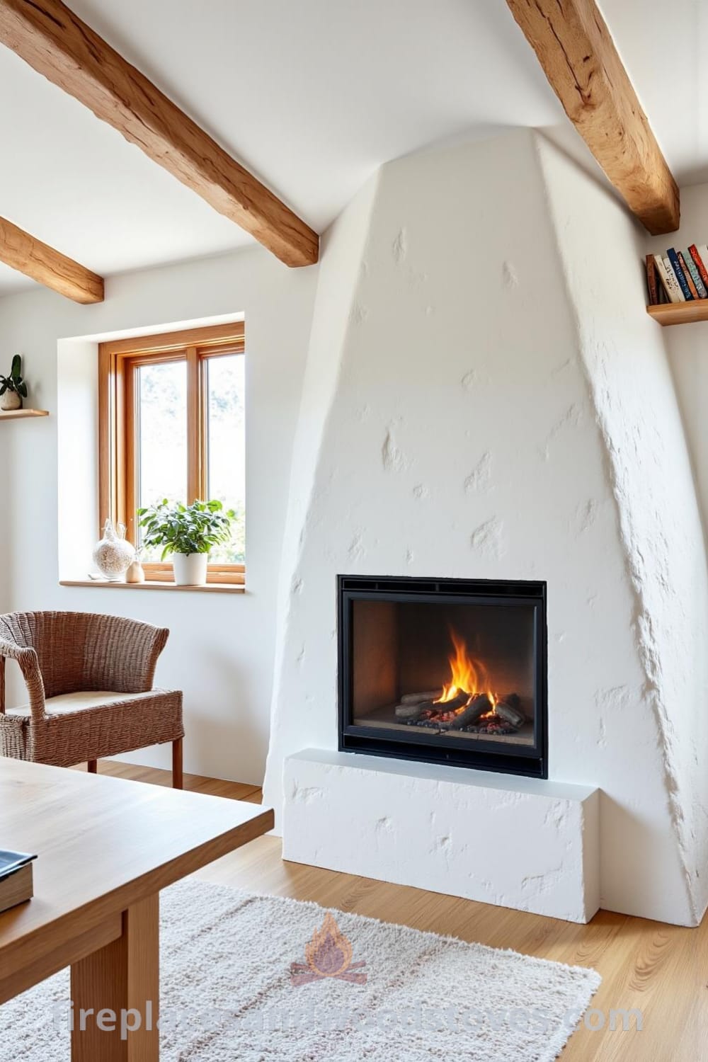 Scandinavian whitewashed fireplace in a sunlit living room with light wooden beams, textured walls, a plush rug, and simple wooden shelves displaying books and trinkets, showcasing cozy ideas for a charming home at fireplacesandwoodstoves.com.