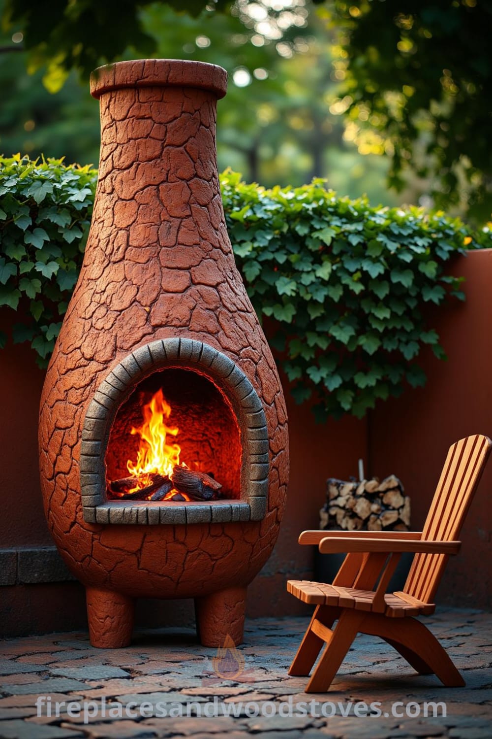 Charming chiminea-style outdoor fireplace on a cobblestone patio, featuring a rustic clay surface with cracks and traces of soot, flickering flames illuminating the scene, surrounded by wooden furniture and greenery, providing cozy ideas and decor inspirations for your home at fireplacesandwoodstoves.com.
