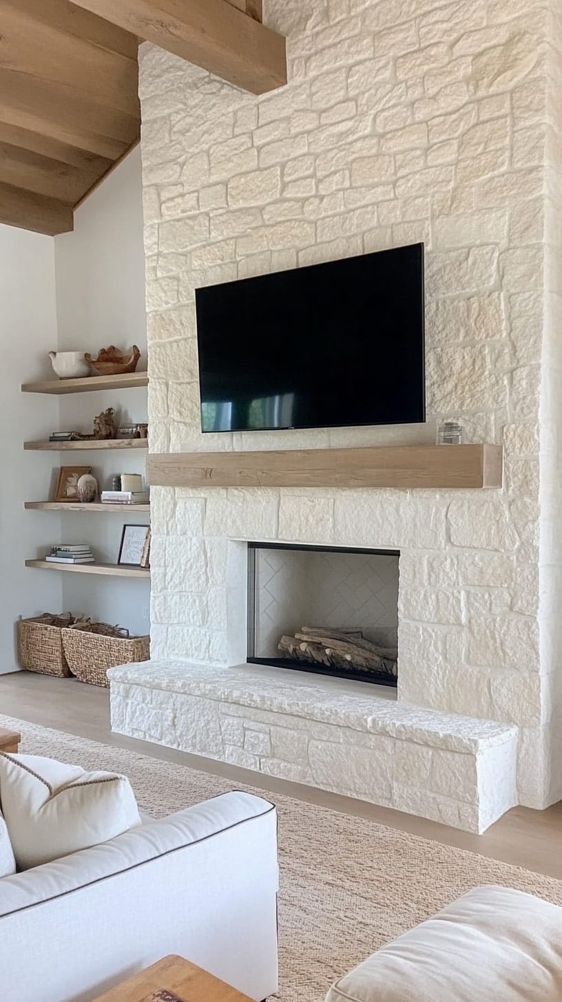 A cozy modern farmhouse living room with a white stone fireplace, flat-screen TV above, and built-in floating shelves, showcasing warm and inviting decor elements.