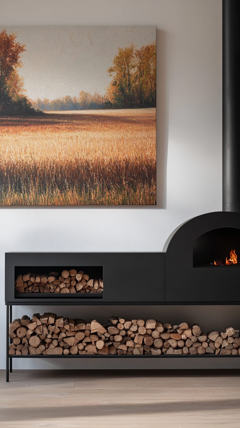 A modern fireplace with an arched top in black metal, featuring built-in firewood storage, and an oil painting of autumn fields hanging above it.