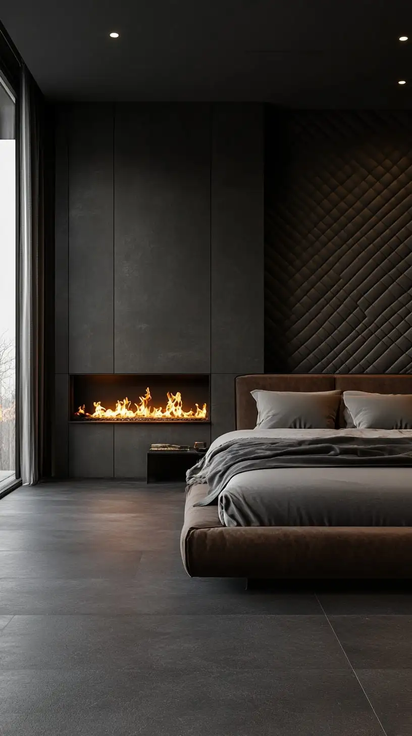 A cozy dark bedroom with a black wall, velvet accents, and a modern fireplace, featuring large windows that allow natural light to fill the space.