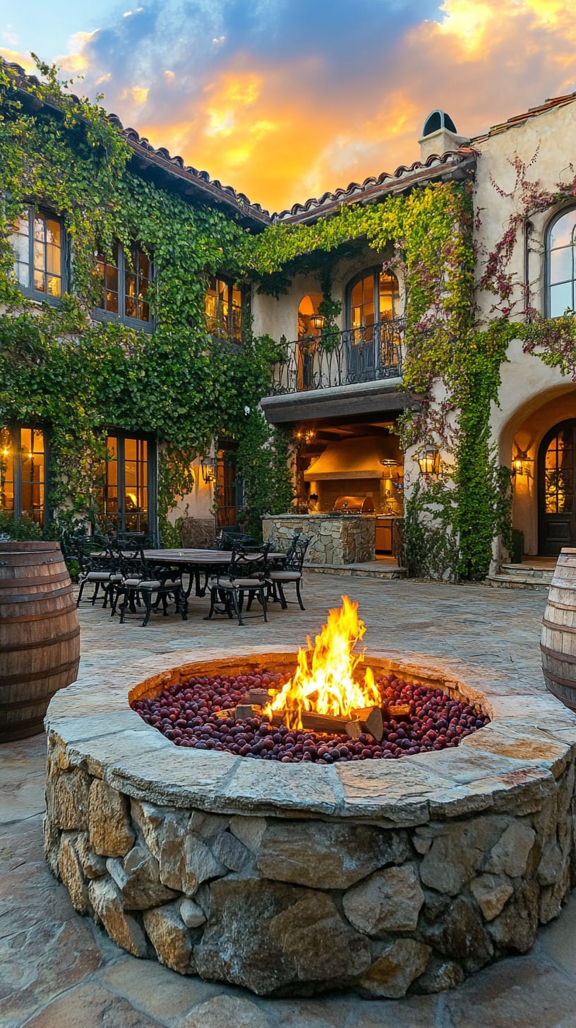 A beautiful Spanish-style mansion courtyard with a stone fire pit surrounded by wine barrels and ivy-covered walls, under a sunset sky.