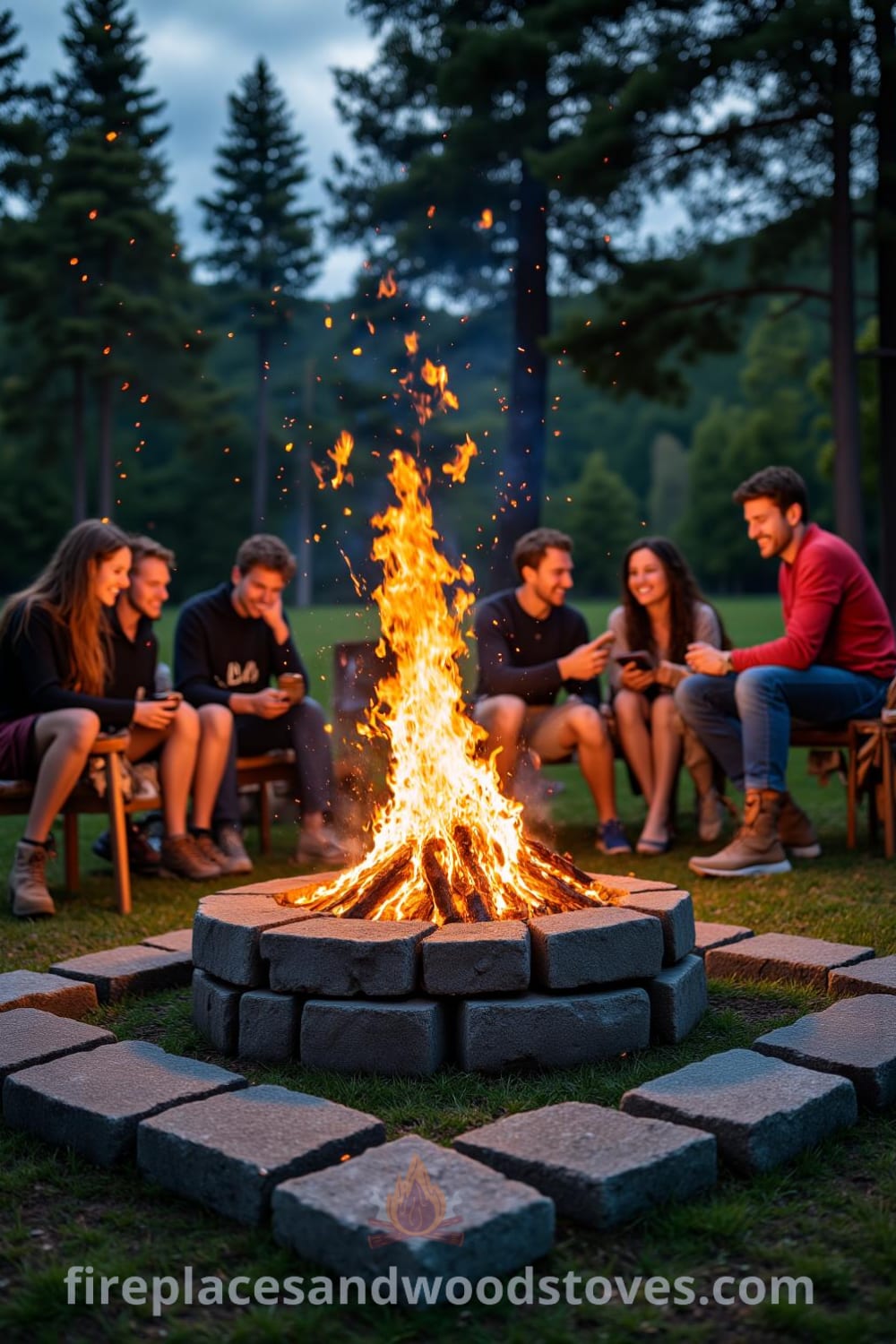 Nomadic firepit gathering with friends on a grassy expanse, surrounded by tall trees and the warm glow of flames. Rustic wooden stools enhance the cozy atmosphere, where laughter and stories mix with the scents of grilled vegetables. Discover cozy ideas for your home at fireplacesandwoodstoves.com.