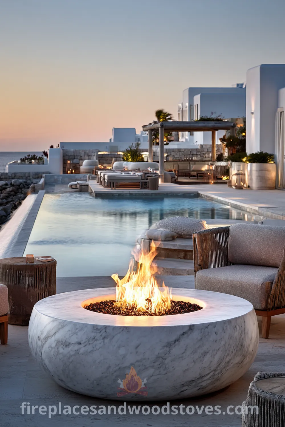 Luxury oversized circular fire pit integrated with infinity pool, high-end outdoor furniture, and smart home features.