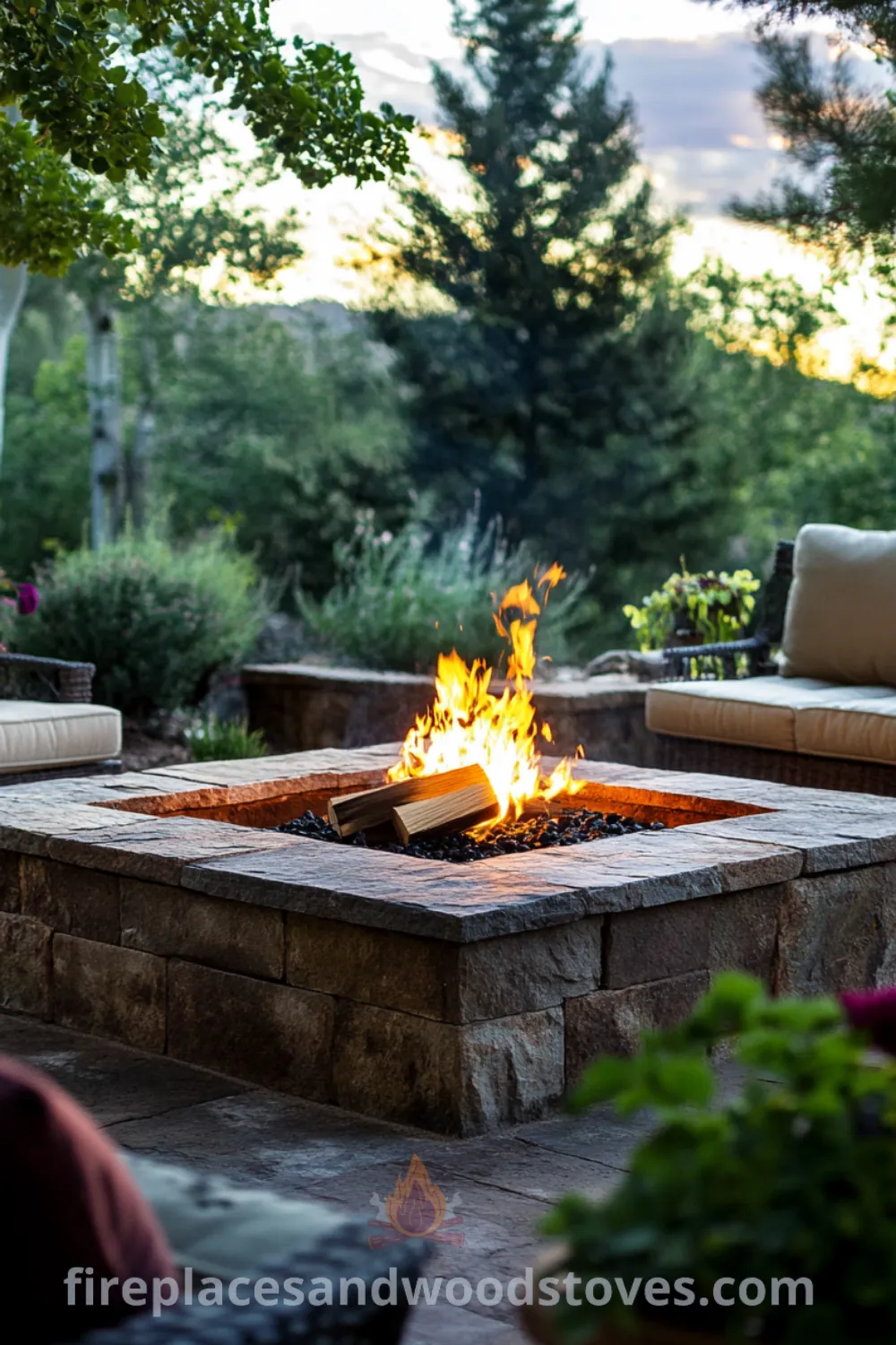 Charming fire pit retreat on fireplacesandwoodstoves.com, featuring a cozy layout with sunken seating, outdoor fire, and inspiring garden ideas for a perfect backyard living space.