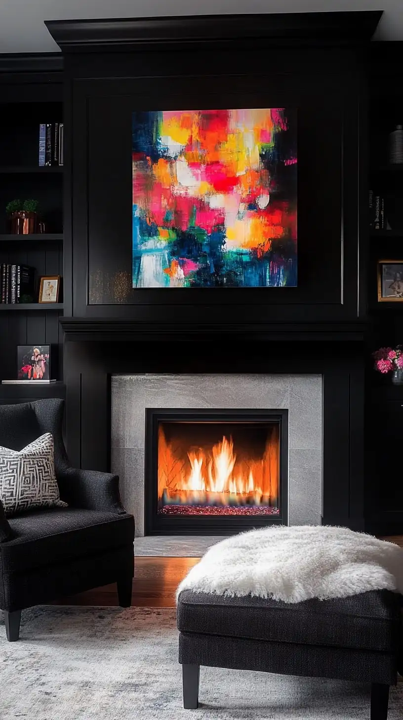 A colorful abstract painting above a modern fireplace in a stylish black living room, featuring sleek furniture and a cozy atmosphere.